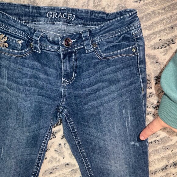 GRACE Size 28 Dark Blue Bootcut Jeans Low Rise Embellished Pockets Medium Blue - Picture 12 of 13